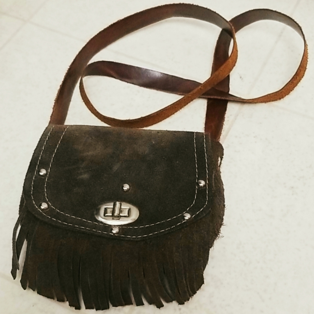 Small Brown suede leather fringe mini bag nubuck